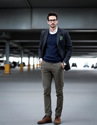 Black Blazer · Navy Knit Crew-neck Sweater · White Dress Shirt · Charcoal Chinos · Dark Brown Suede Desert Boots · Black Leather Watch