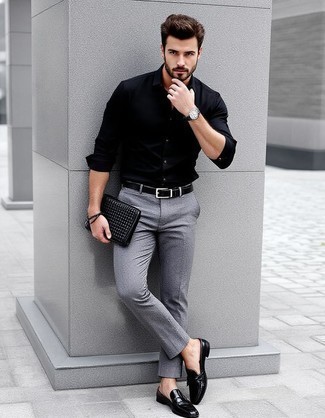 Black Dress Shirt · Grey Wool Dress Pants · Black Leather Tassel Loafers · Black Leather Zip Pouch · Black Woven Leather Belt · Silver Watch