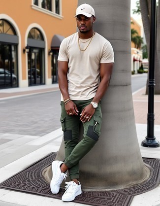 Beige Crew-neck T-shirt · Olive Cargo Pants · White Leather Low Top Sneakers · White Baseball Cap · Silver Watch
