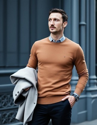 Grey Wool Blazer · Tan Crew-neck Sweater · Light Blue Dress Shirt · Navy Dress Pants · Black Leather Watch