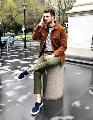 Navy Denim Shirt · Brown Suede Dress Shirt · White and Black Horizontal Striped Crew-neck T-shirt · Olive Chinos · Navy Suede Low Top Sneakers