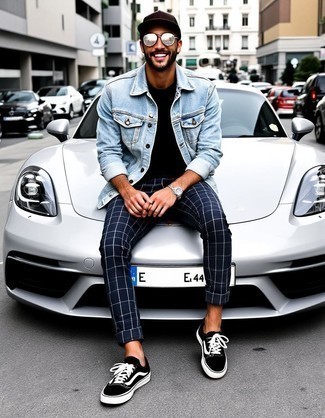 Light Blue Denim Jacket · Black Crew-neck T-shirt · Navy Plaid Chinos · Black and White Canvas Low Top Sneakers · Silver Sunglasses