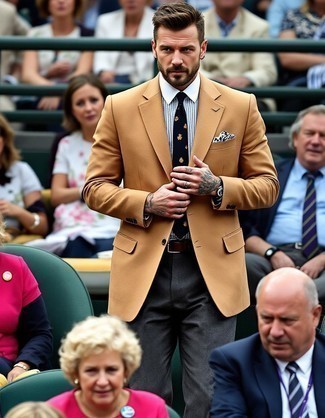 Tan Blazer · White and Blue Vertical Striped Dress Shirt · Charcoal Herringbone Wool Dress Pants · Black Print Tie · White and Black Gingham Pocket Square · Dark Brown Leather Belt