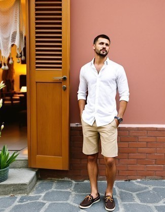 White Linen Long Sleeve Shirt · Tan Shorts · Dark Brown Leather Boat Shoes · Silver Watch