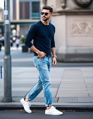 Navy Crew-neck Sweater · Blue Jeans · White Low Top Sneakers