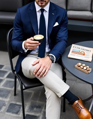 Navy Blazer · White Dress Shirt · Beige Dress Pants · Brown Leather Oxford Shoes · Navy Tie · White Pocket Square