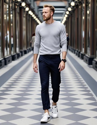 Grey Crew-neck Sweater · Navy Chinos · White Leather Low Top Sneakers · Black Leather Watch