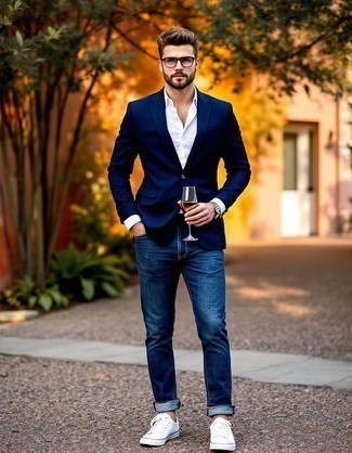 Navy Blazer · White Dress Shirt · Blue Jeans · White Canvas Low Top Sneakers
