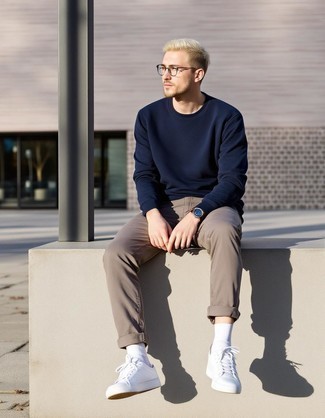 Navy Sweatshirt · Grey Jeans · White Low Top Sneakers · Brown Leather Watch · White Socks