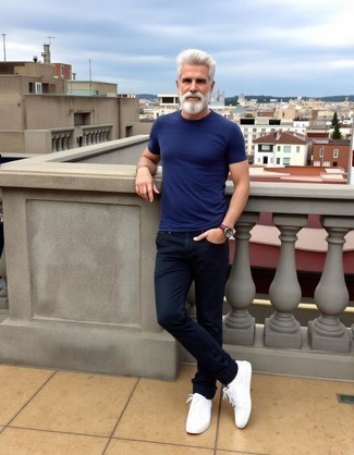 Navy Crew-neck T-shirt · Navy Chinos · White Leather Low Top Sneakers · Brown Leather Watch