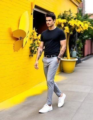 Black Crew-neck T-shirt · Grey Chinos · White Leather Low Top Sneakers · Black Leather Belt · Black Leather Watch
