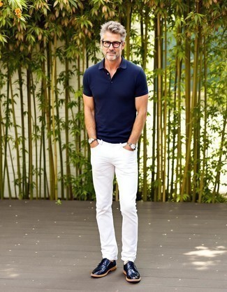 Navy Polo · White Jeans · Black Leather Derby Shoes · Silver Watch