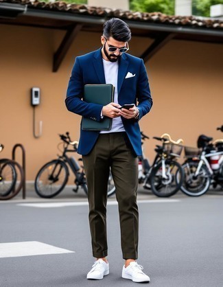 Navy Blazer · White Crew-neck T-shirt · Olive Chinos · White Low Top Sneakers · Dark Green Leather Zip Pouch · White Pocket Square