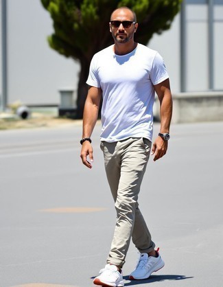 White Crew-neck T-shirt · Beige Chinos · White Athletic Shoes · Dark Brown Sunglasses · Olive Leather Watch · White Leather Bracelet