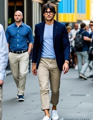 Navy Blazer · White Crew-neck T-shirt · Beige Chinos · White Low Top Sneakers