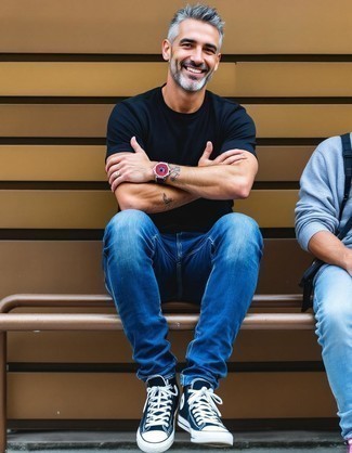Black Crew-neck T-shirt · Blue Jeans · Black and White Canvas High Top Sneakers · Silver Watch