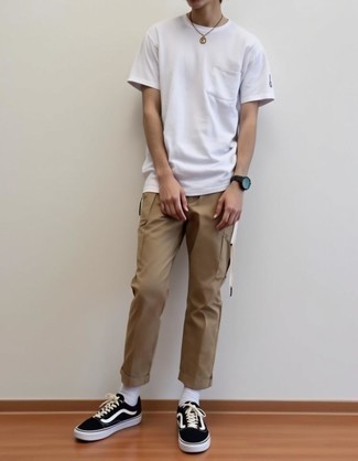 White Crew-neck T-shirt · Khaki Chinos · Black and White Canvas Low Top Sneakers · Black Rubber Watch · White Socks