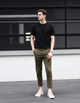 Black Crew-neck T-shirt · Olive Chinos · Beige Low Top Sneakers · Silver Watch