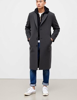 Charcoal Overcoat · Black Hoodie · White Crew-neck T-shirt · Blue Jeans · White Canvas Low Top Sneakers · White Socks