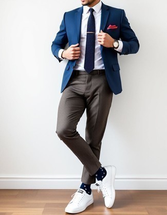 Navy Blazer · White Dress Shirt · Brown Wool Dress Pants · White Low Top Sneakers · Navy Polka Dot Tie · White Pocket Square