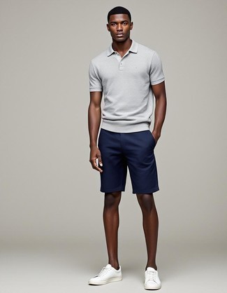 Grey Polo · Navy Shorts · White Leather Low Top Sneakers