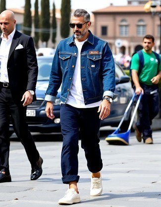 Blue Denim Jacket · White Crew-neck T-shirt · Navy Chinos · White Low Top Sneakers · Navy Sunglasses · Silver Watch