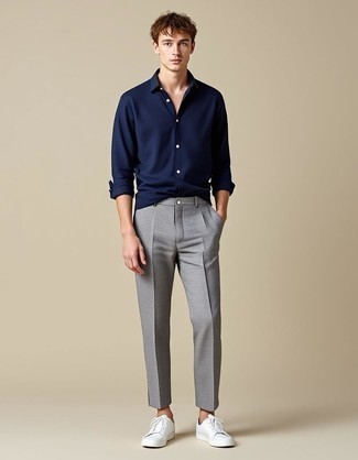 Navy Long Sleeve Shirt · Grey Dress Pants · White Low Top Sneakers