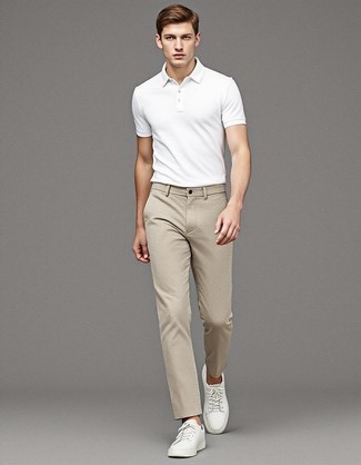 White Polo · Beige Chinos · White Leather Low Top Sneakers