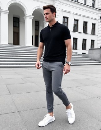 Black Polo · Grey Chinos · White Leather Low Top Sneakers · Grey Canvas Watch