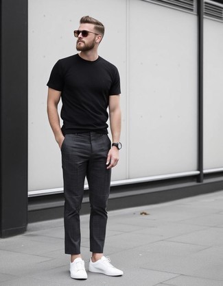 Black Crew-neck T-shirt · Charcoal Chinos · White Leather Low Top Sneakers · Dark Brown Sunglasses · Black Leather Watch