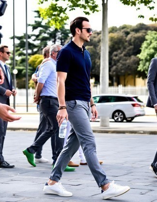 Navy Polo · Grey Chinos · White Leather Low Top Sneakers · Black Sunglasses