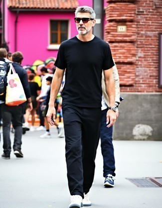 Black Crew-neck T-shirt · Black Chinos · White Low Top Sneakers · Clear Sunglasses · Silver Watch