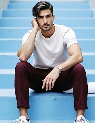White Crew-neck T-shirt · Burgundy Chinos · White Leather Low Top Sneakers