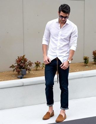 White Long Sleeve Shirt · Navy Jeans · Brown Suede Loafers · Clear Sunglasses · Silver Watch