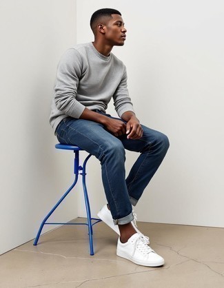Grey Sweatshirt · Navy Jeans · White Leather Low Top Sneakers
