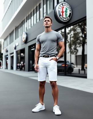 Grey Crew-neck T-shirt · White Shorts · White Leather Low Top Sneakers · Grey Canvas Belt · Silver Watch · Silver Bracelet