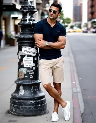 Black Polo · Beige Shorts · White Canvas Low Top Sneakers · Silver Watch · Black Horizontal Striped Canvas Watch