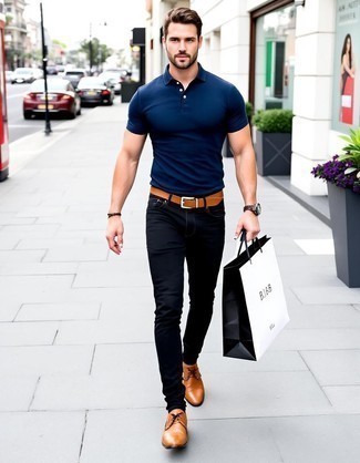 Navy Polo · Black Skinny Jeans · Brown Leather Derby Shoes · Brown Leather Belt · Dark Brown Leather Watch · Dark Brown Leather Bracelet