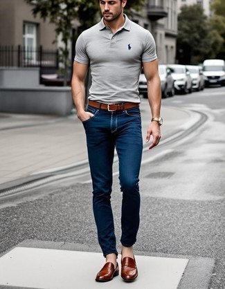 Grey Polo · Navy Skinny Jeans · Brown Leather Loafers · Brown Leather Belt · Gold Watch