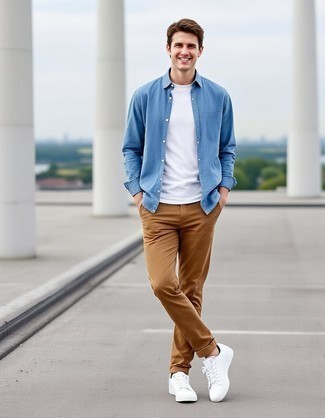 Light Blue Chambray Long Sleeve Shirt · White Crew-neck T-shirt · Khaki Chinos · White Leather Low Top Sneakers · Black No Show Socks
