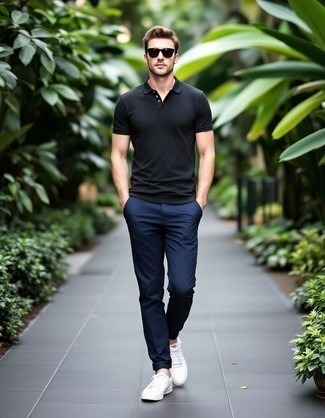 Black Polo · Navy Chinos · White Canvas Low Top Sneakers · Black Sunglasses