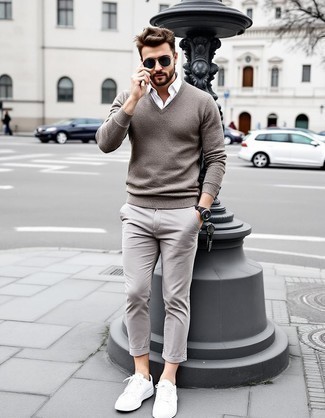 Grey V-neck Sweater · White Long Sleeve Shirt · Grey Chinos · White Leather Low Top Sneakers · Black Leather Watch · Silver Watch