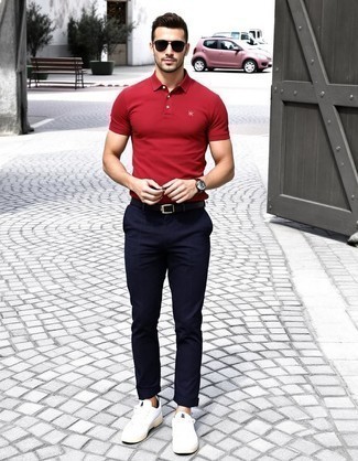 Red Polo · Navy Chinos · White Leather Low Top Sneakers · Black Sunglasses · Brown Leather Watch