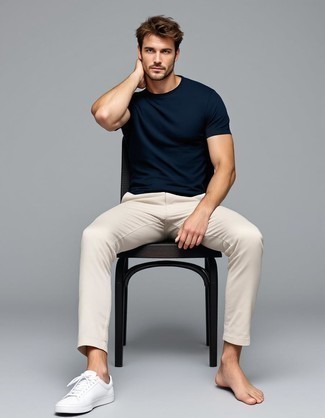 Black Crew-neck T-shirt · Beige Chinos · White Leather Low Top Sneakers