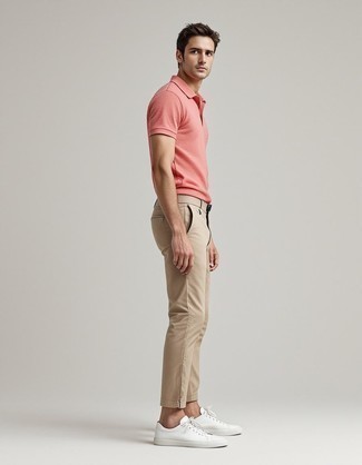 Pink Polo · Khaki Chinos · White Leather Low Top Sneakers