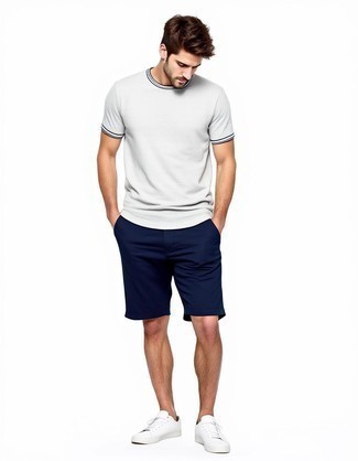 White Crew-neck T-shirt · Navy Shorts · White Leather Low Top Sneakers