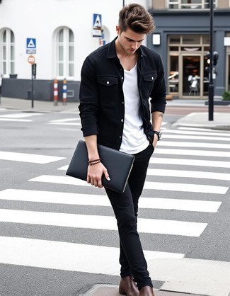 Black Denim Jacket · White Crew-neck T-shirt · Black Chinos · Dark Brown Leather Chelsea Boots · Black Leather Zip Pouch · Tan Leather Watch