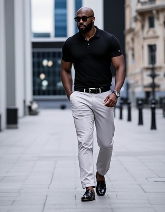 Black Polo · White Chinos · Black Leather Loafers · Black Leather Belt · Black Sunglasses · Black Leather Watch