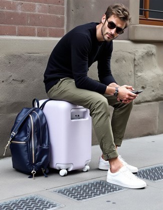 Navy Crew-neck Sweater · Olive Chinos · White Leather Low Top Sneakers · Blue Leather Backpack · Dark Brown Sunglasses · Black Leather Watch