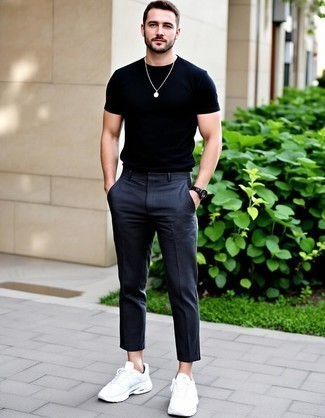 Black Crew-neck T-shirt · Charcoal Chinos · White Athletic Shoes · Black Watch